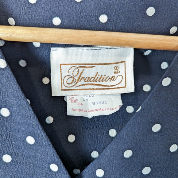 M/L Vintage Traditions Polka Dot Maxi Dress Navy White Button Up Tie Pleated - Picture 9 of 11